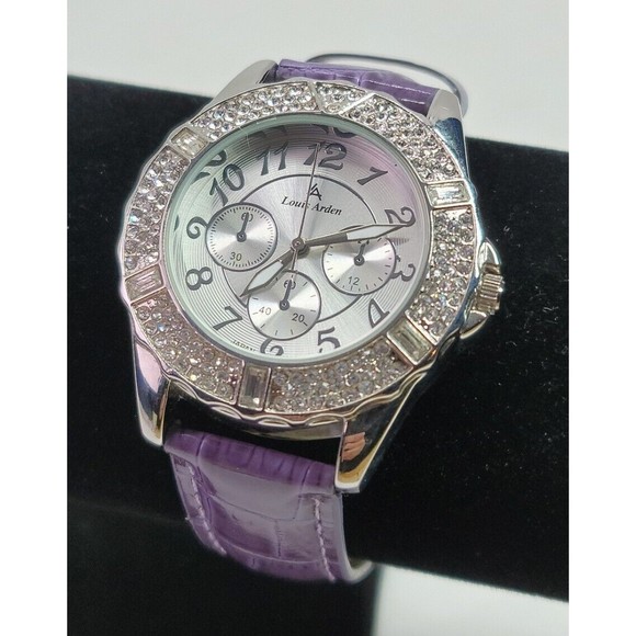 Louis Arden LA7258 Wrist Watch Purple Leather Band Crystal Bezel Japan Works! - Picture 1 of 16